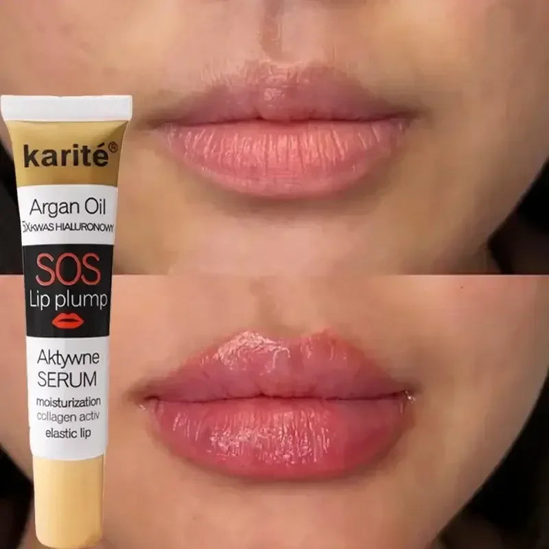 Karité Argan Oil SOS Lip Plump serum shown with before and after lip hydration and plumping effect