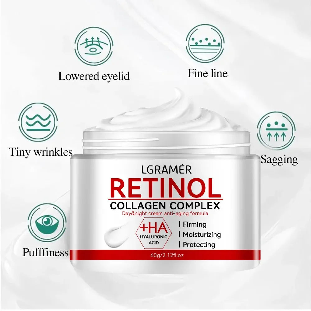 Lgramér Retinol Collagen Complex cream jar with anti-aging benefits for fine lines, wrinkles, sagging, puffiness