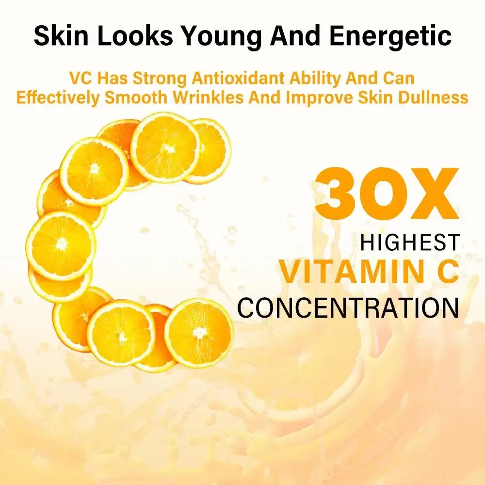 Orange slices forming letter C with text highlighting 30x highest vitamin C concentration for youthful skin