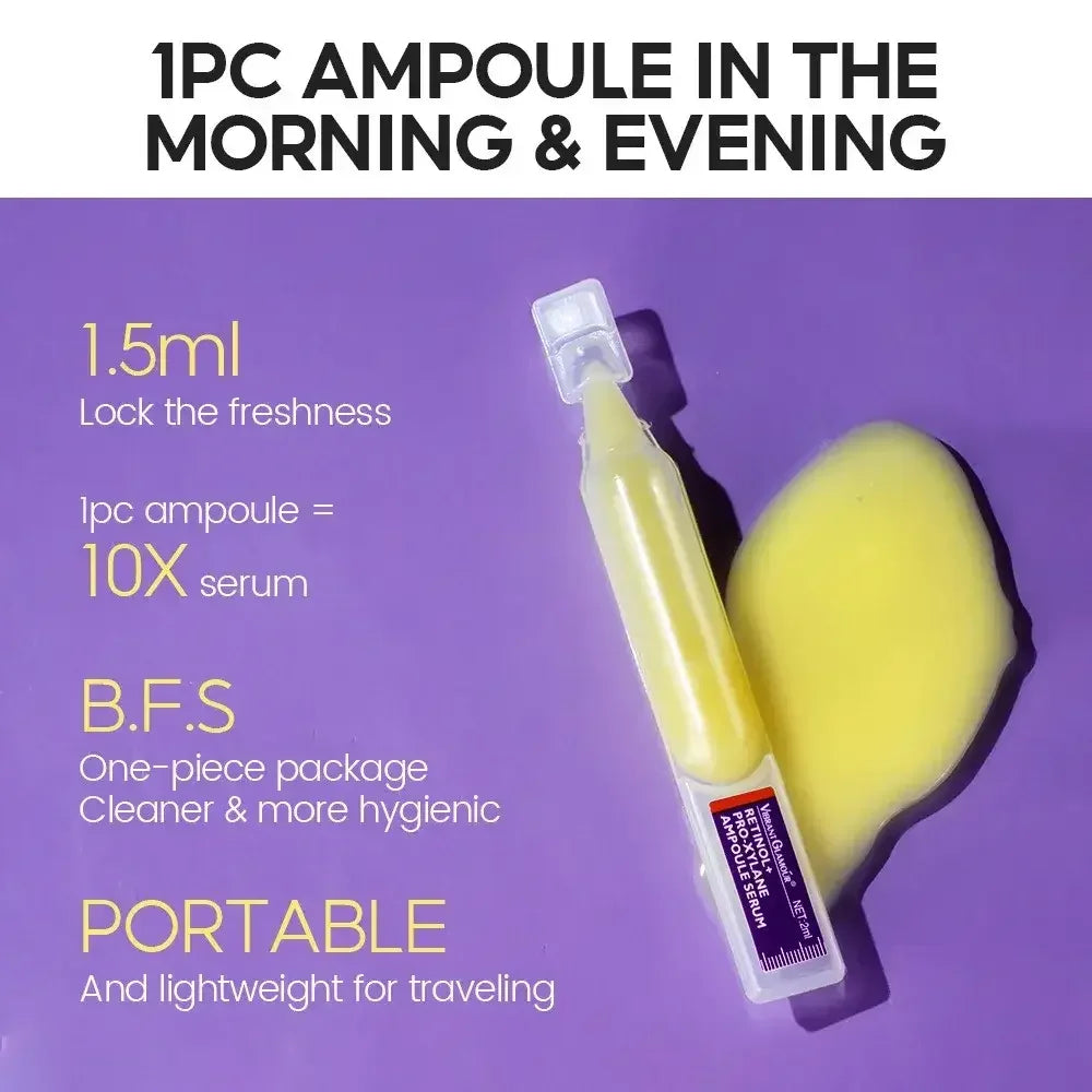 Yellow 1.5ml ampoule serum on purple background with spilled liquid and text about freshness and portability