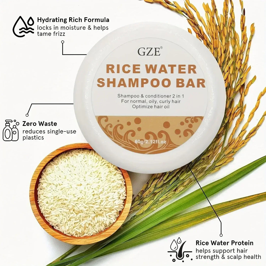 GZE Rice Water Shampoo Bar with rice grains and stalks, featuring hydrating formula, zero waste, and protein benefits