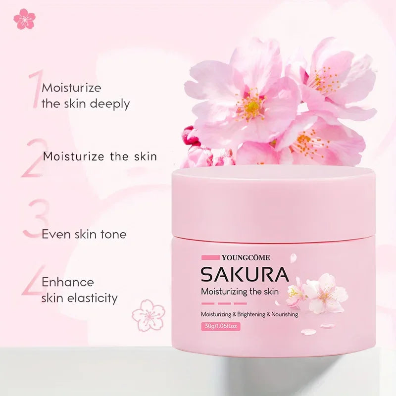 Youngcome Sakura moisturizing cream in pink jar with pink cherry blossoms and skin care benefits listed