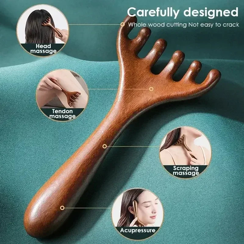 Whole wood massage tool for head, tendon, scraping, and acupressure therapy