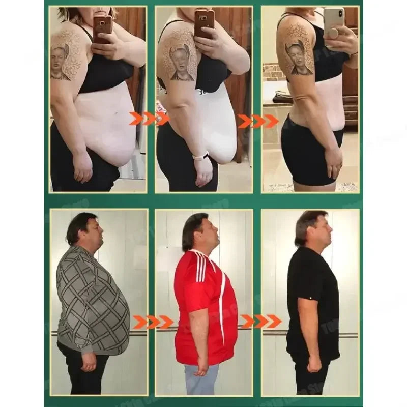 Before and after weight loss photos of woman with arm tattoo and man in casual clothes showing slimmer bodies