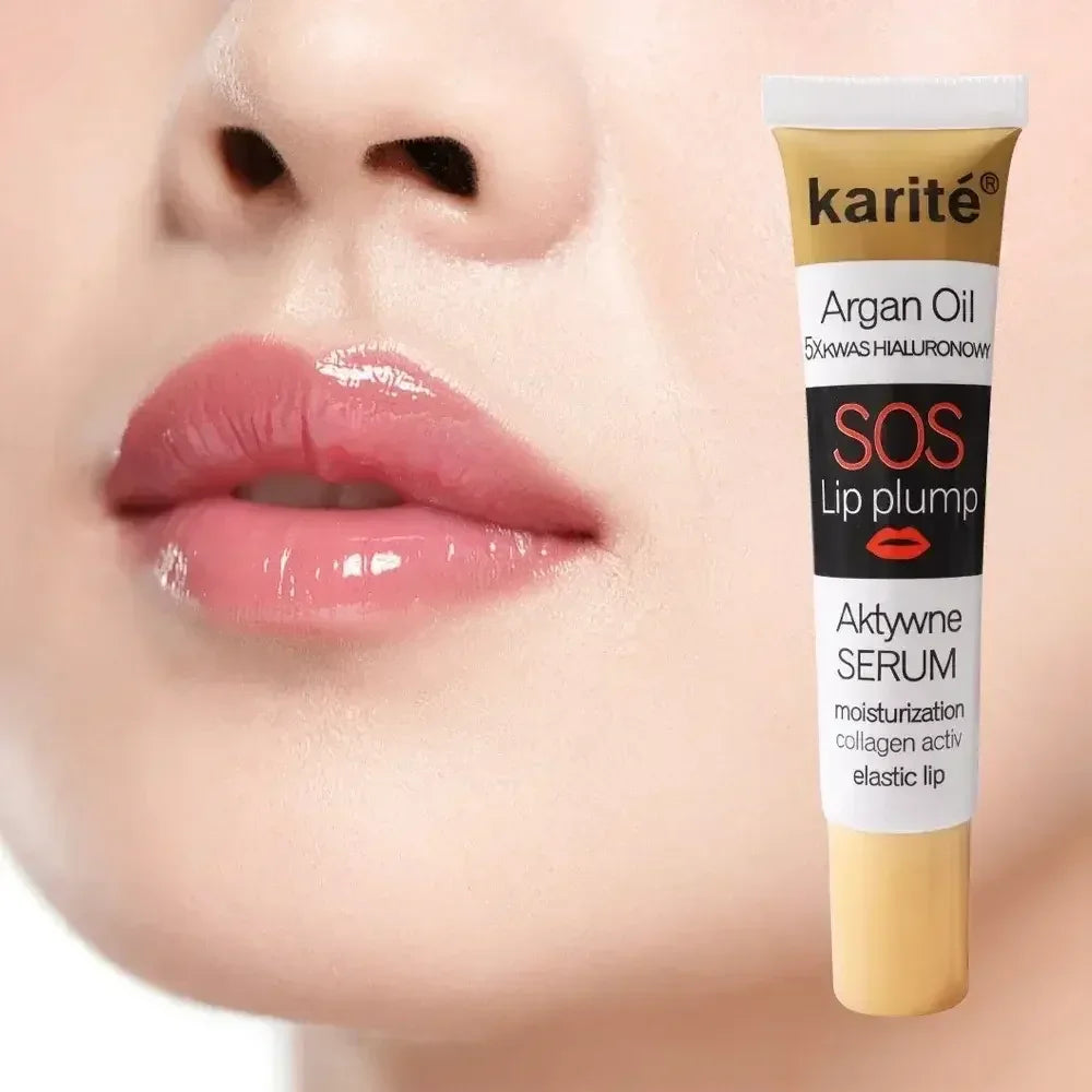 Close-up of glossy pink lips next to Karité Argan Oil SOS Lip Plump moisturizing serum tube