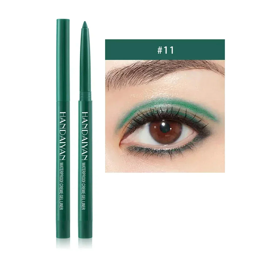 Handaiyan waterproof green gel eyeliner pencil with eye makeup swatch on brown eye