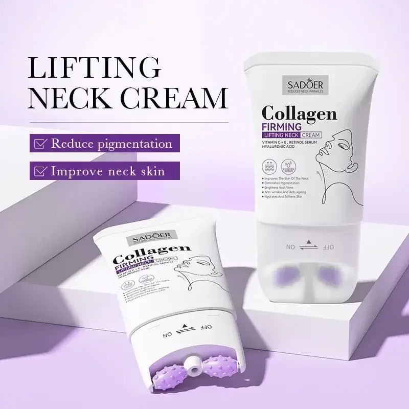 Sadoer Collagen Firming Lifting Neck Cream with roller applicator, reduces pigmentation and improves neck skin