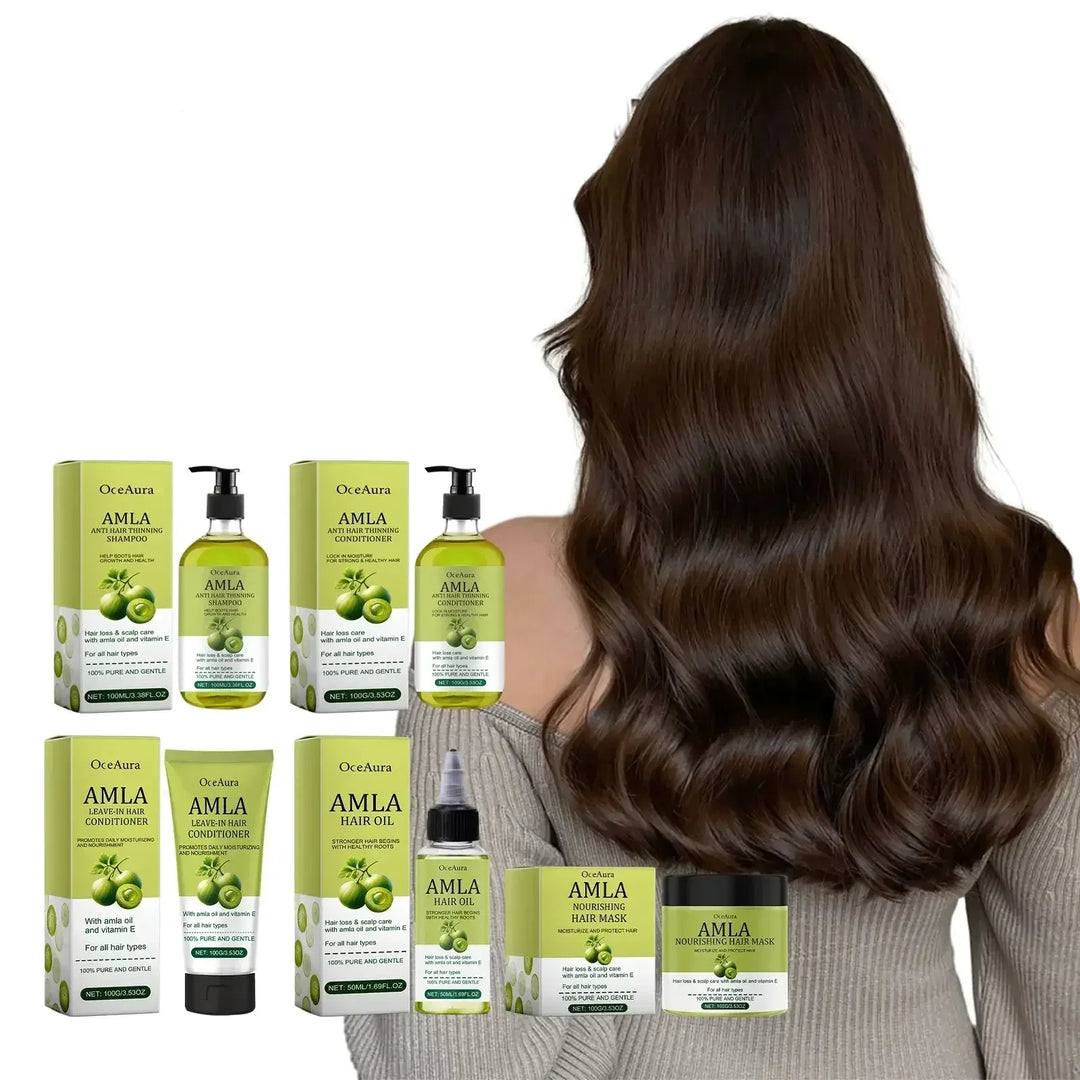 Woman with shiny wavy brown hair and OcéAura Amla hair care products for hair loss and nourishment