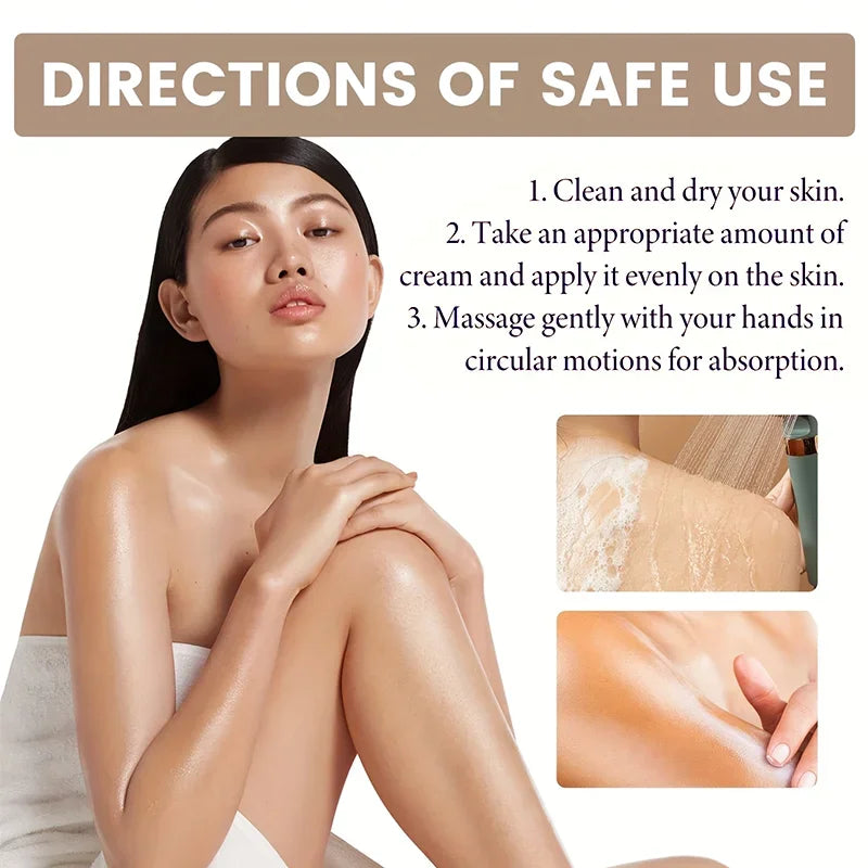Woman with glowing skin wrapped in towel with skincare directions for safe cream application