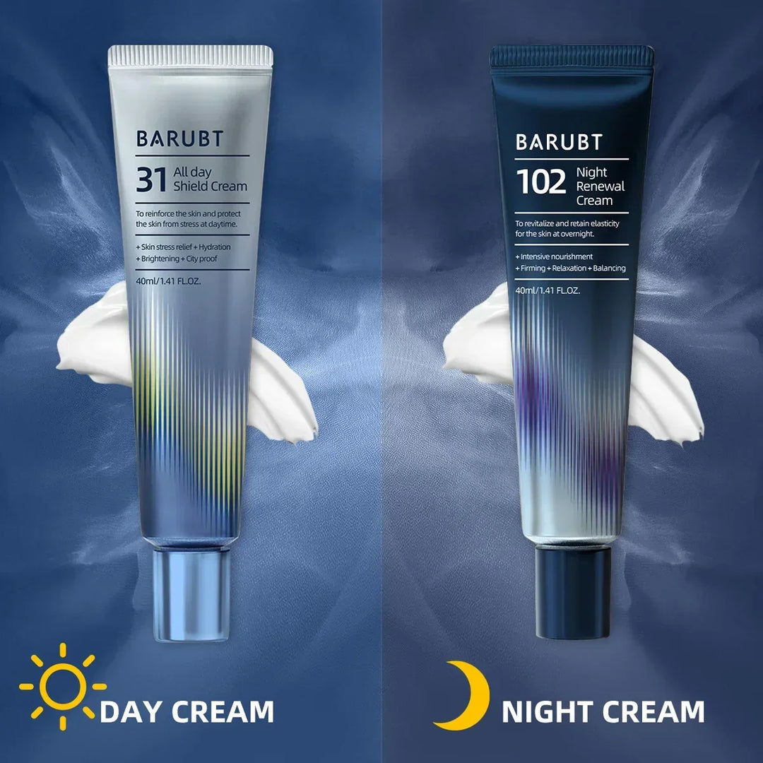 BARUBT 31 All Day Shield Cream and 102 Night Renewal Cream tubes on blue background with day and night icons