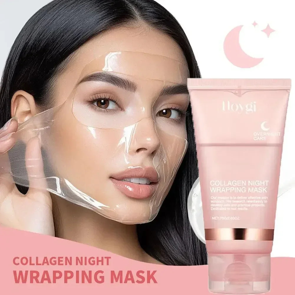 Woman peeling off transparent collagen night wrapping mask with pink collagen night mask tube