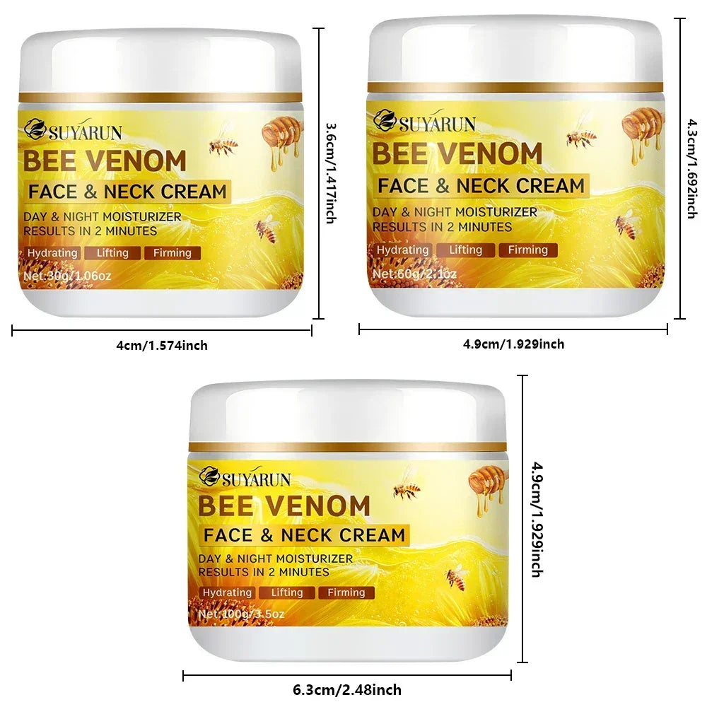 Three sizes of Suyarun Bee Venom Face & Neck Cream with hydrating, lifting, firming benefits
