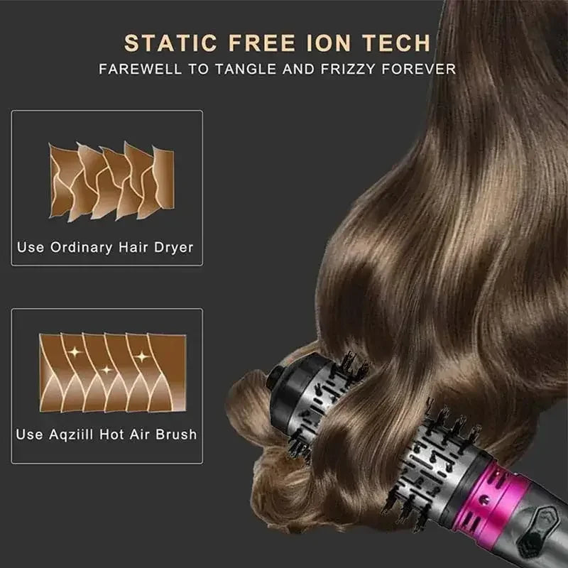 Smooth brown hair styled with Aqziill hot air brush using static-free ion technology, reducing tangles and frizz