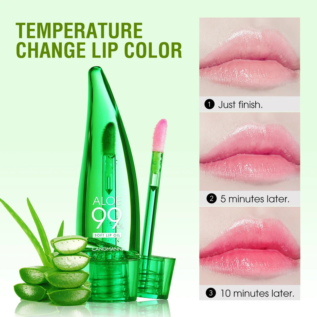 Langmanni aloe 99% soft lip oil with temperature change color effect on lips over 10 minutes