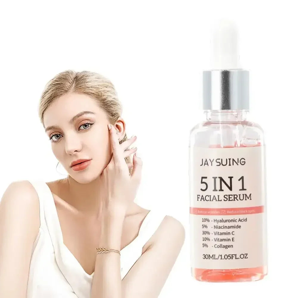 Blonde woman with clear skin posing beside Jay Suing 5 in 1 facial serum bottle with vitamins and collagen