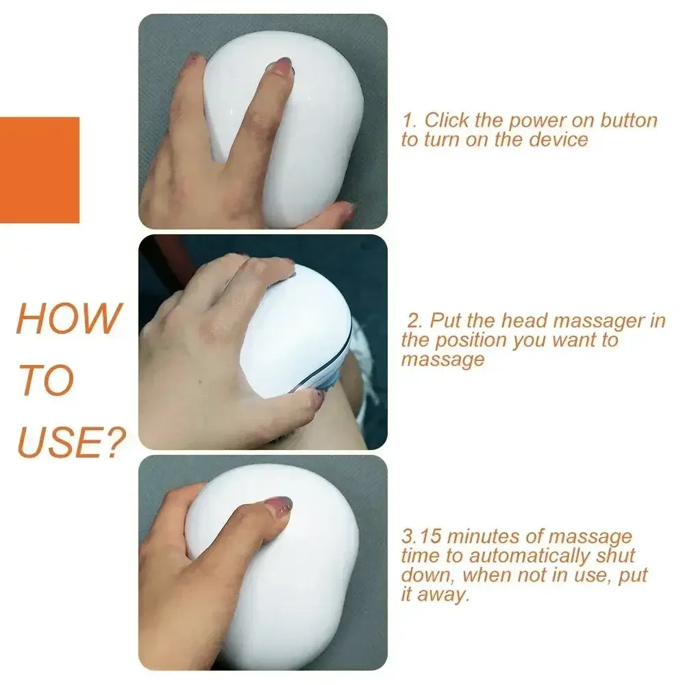 Hand demonstrating use of white handheld head massager with step-by-step instructions