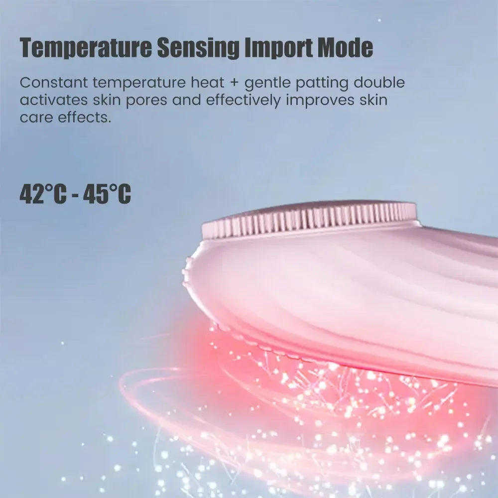 Pink skin care device with temperature sensing mode heats 42°C to 45°C to open pores and enhance skin care