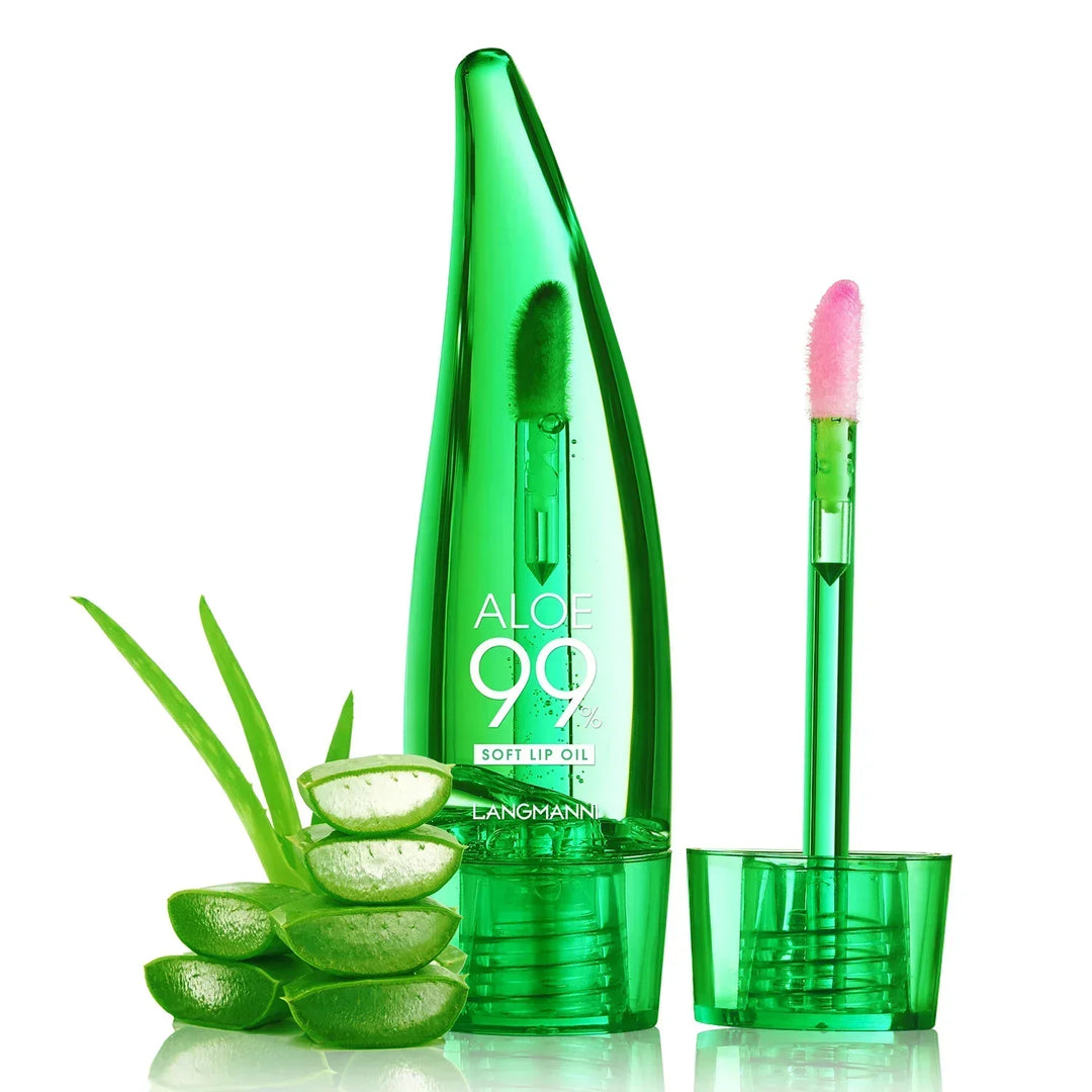 Langmanni Aloe 99% soft lip oil in green sleek bottle with pink applicator and fresh aloe vera plant