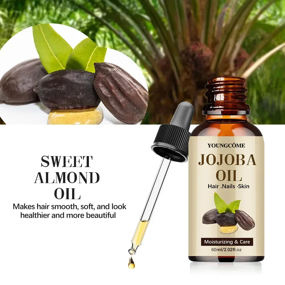 Jojoba oil bottle with dropper, jojoba fruits and leaves, promoting hair, nails, and skin care