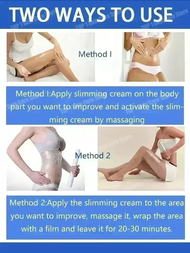 Two ways to use slimming cream: massage cream on legs and waist, or massage and wrap with film for 20-30 minutes