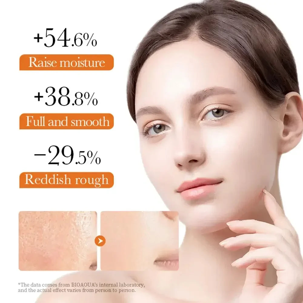 Woman with clear skin showing skincare results: raised moisture, smooth texture, reduced redness