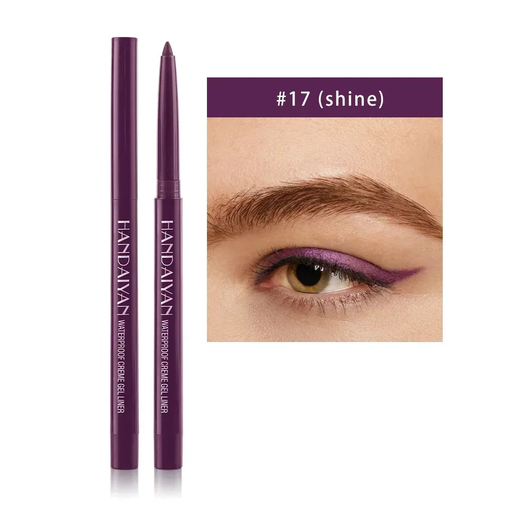 Handaiyan waterproof creme gel eyeliner in shade #17 shine with purple gel liner applied on eye