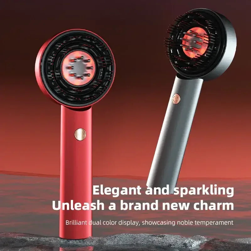 Red and silver handheld massager devices with circular heads and button controls against a warm gradient background