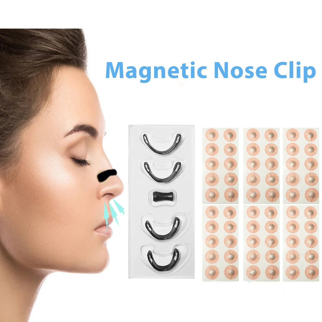 Profile of woman wearing black magnetic nose clip with product set and nose clearing arrows