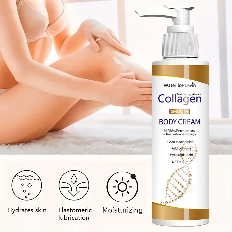 Woman applying collagen body cream on smooth skin with hydration and moisturizing benefits