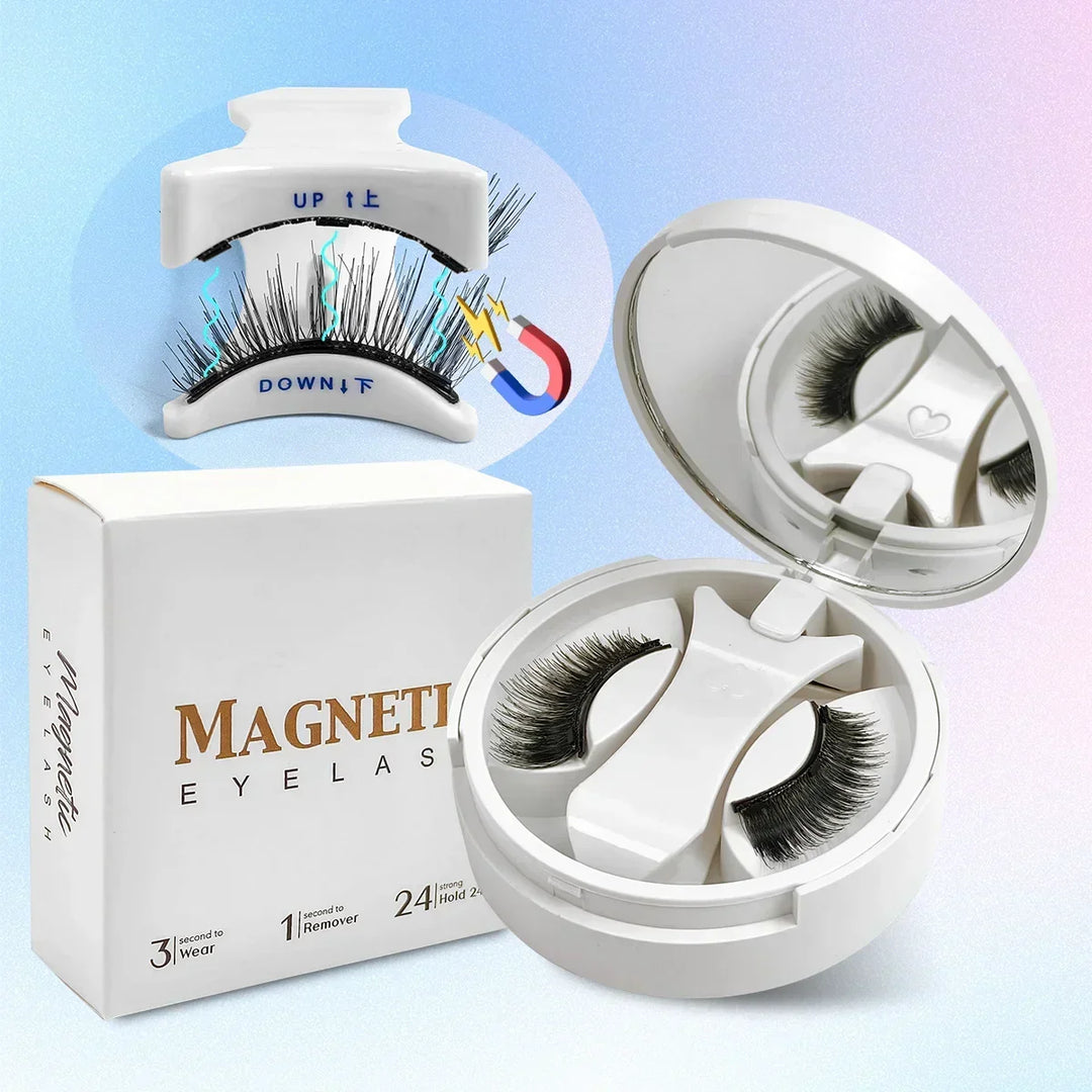 Magnetic false eyelashes set with white case and packaging, illustrating easy wear and removal with magnet