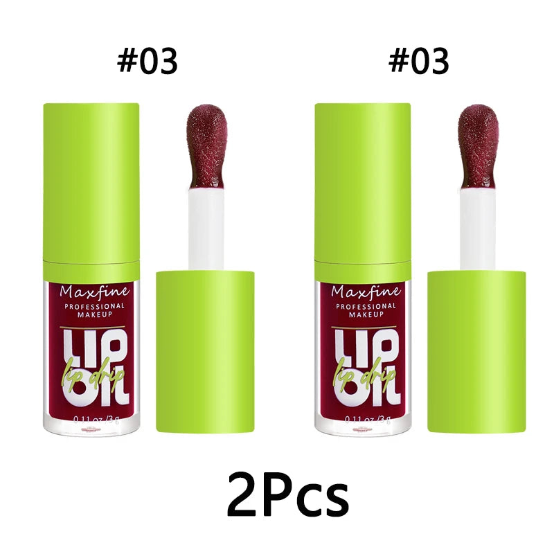 Two Maxfine professional makeup lip oils with green caps and applicators, shade #03, 2pcs