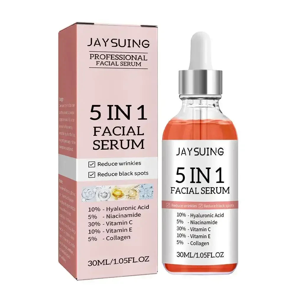 Jaysuing 5 in 1 professional facial serum bottle and pink box with ingredients and benefits
