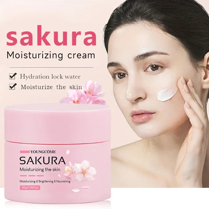 Sakura moisturizing cream jar with cherry blossom and woman applying cream to her face
