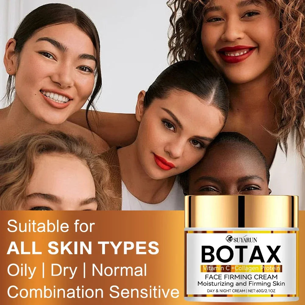 Diverse women smiling in a skincare ad for Botax face firming cream with collagen and vitamin C