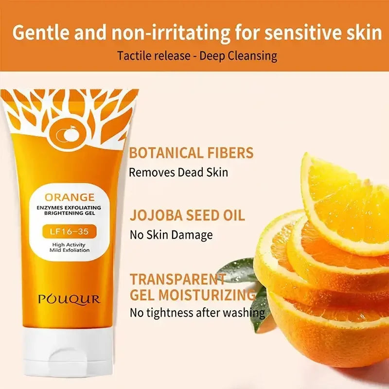 Orange enzymes exfoliating brightening gel with botanical fibers, jojoba seed oil, and moisturizing gel for sensitive skin