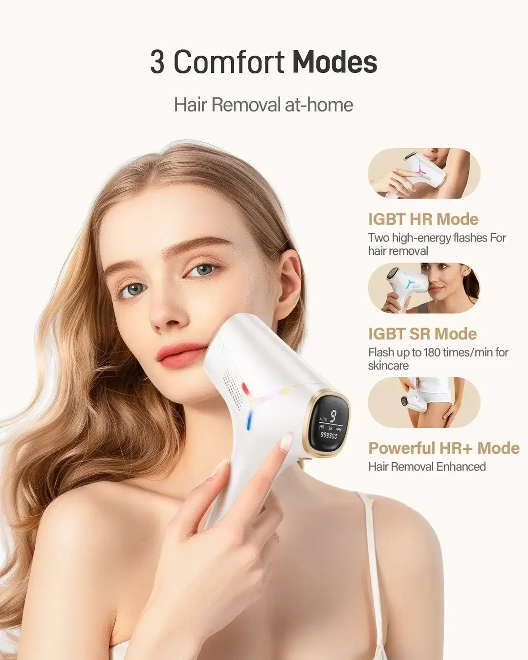 Woman using white IPL hair removal device on face, highlighting 3 comfort modes for at-home use