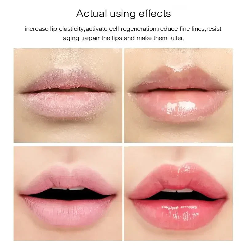Before and after images showing dry lips transformed to fuller, smoother, and glossy lips with reduced fine lines