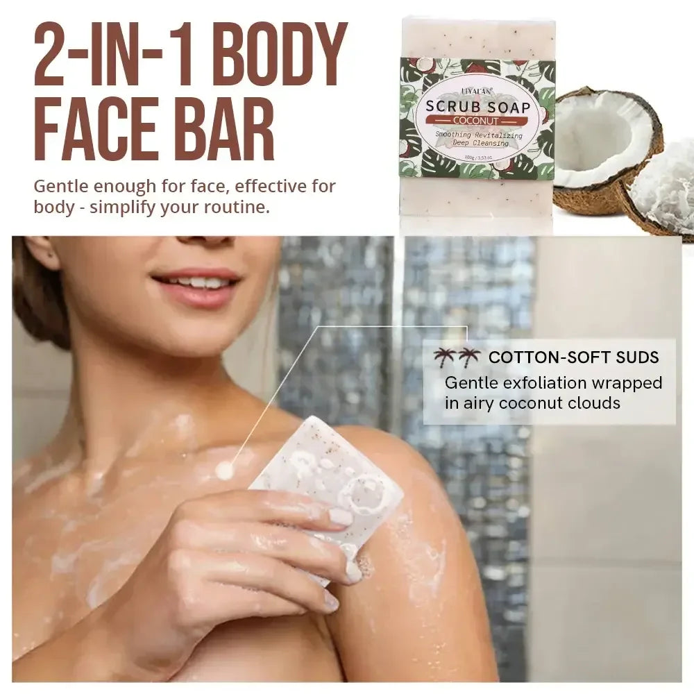 2-in-1 body and face scrub soap bar with coconut for gentle exfoliation and deep cleansing
