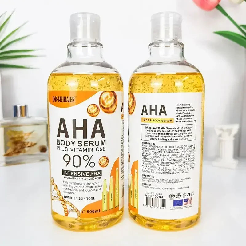 Two bottles of Dr. Meiniaer AHA Body Serum with Vitamin C&E for brightening and skin rejuvenation