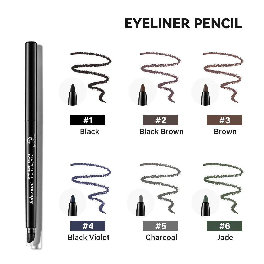 Eyeliner pencil in six shades: Black, Black Brown, Brown, Black Violet, Charcoal, and Jade with color swatches