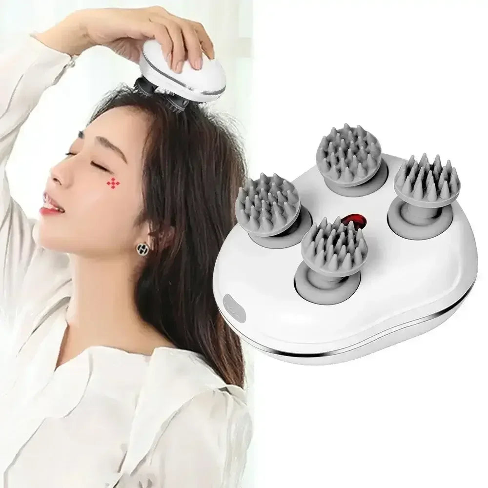 Woman using wireless electric scalp massager with four silicone massage heads for hair care