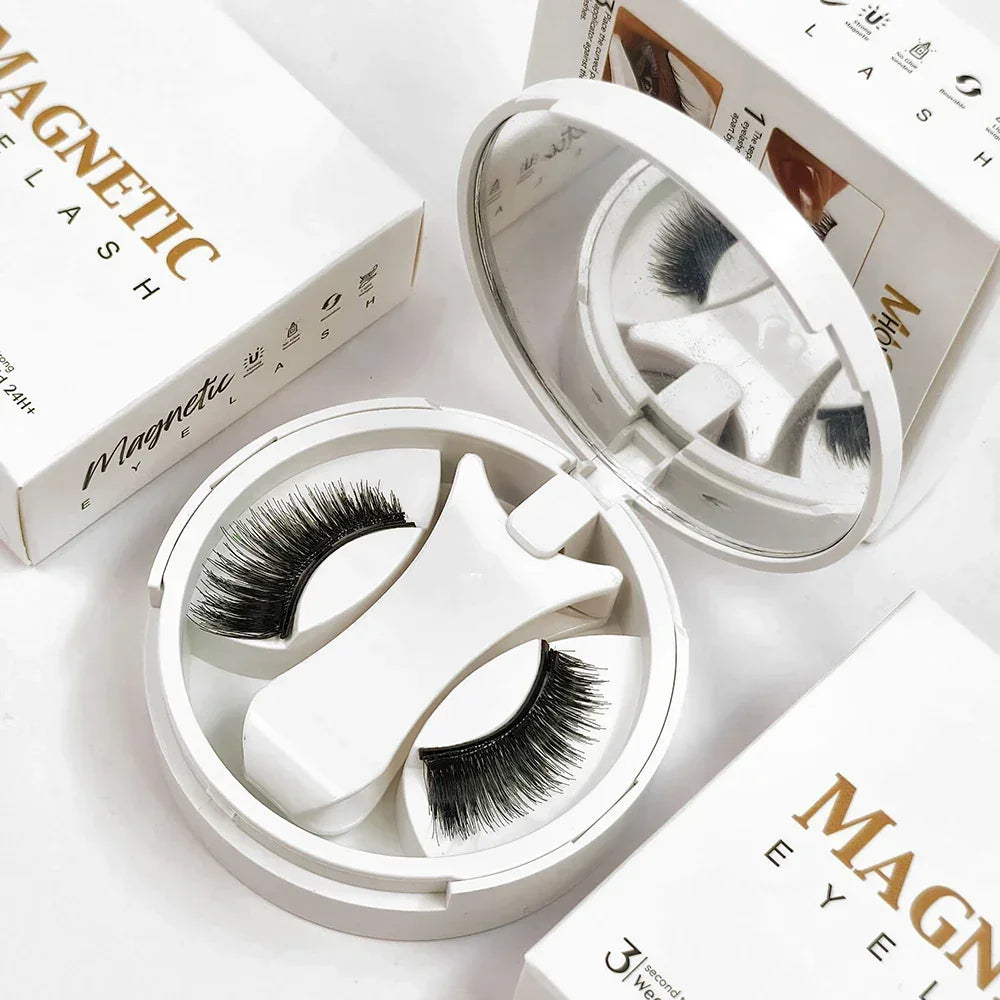 Magnetic false eyelashes set in white round case with applicator and branded packaging
