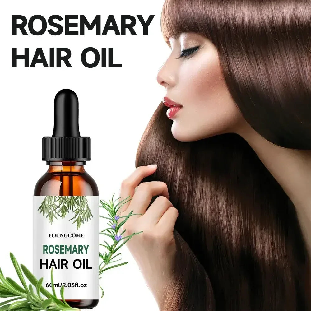 Rosemary hair oil bottle with droplet cap and woman with long, shiny brown hair