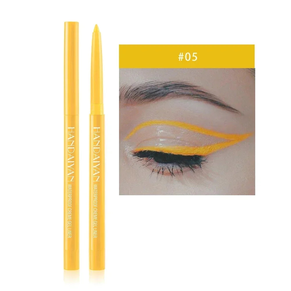 HANDAYAN waterproof yellow gel eyeliner pencil with close-up eye makeup in shade 05