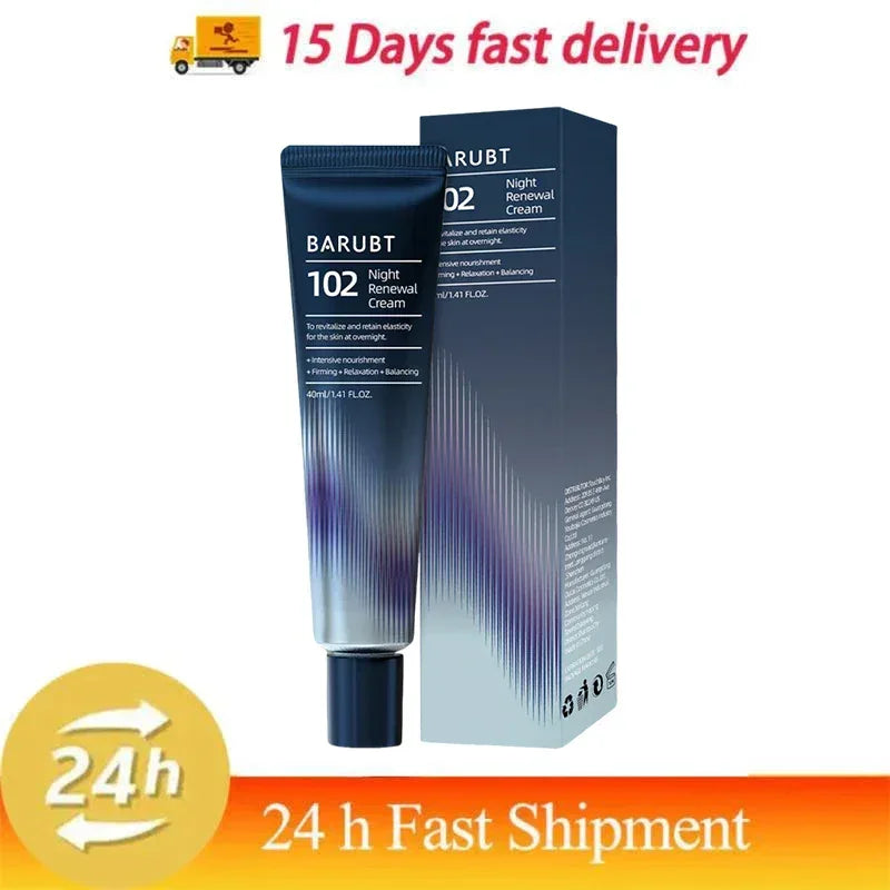 Barubt 102 Night Renewal Cream tube and box with 15 days fast delivery and 24h shipment icons