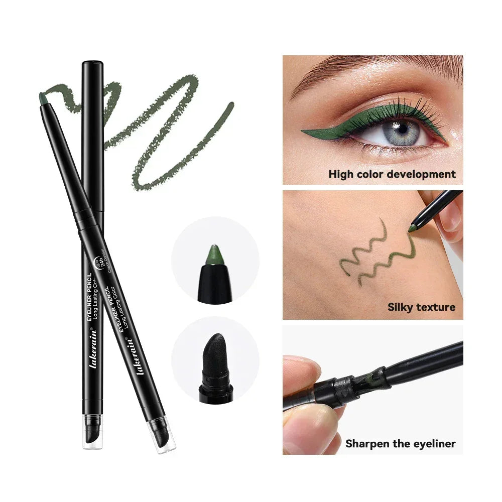 Green eyeliner pencil showing high color development, silky texture, and built-in sharpener