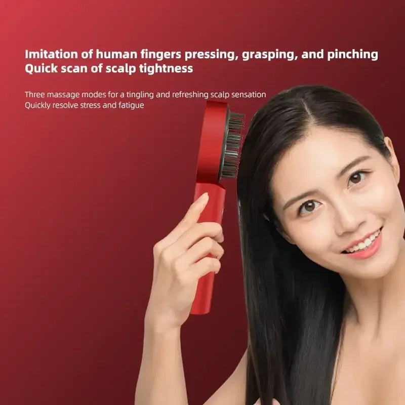 Woman using red scalp massager brush for stress relief and refreshing scalp massage