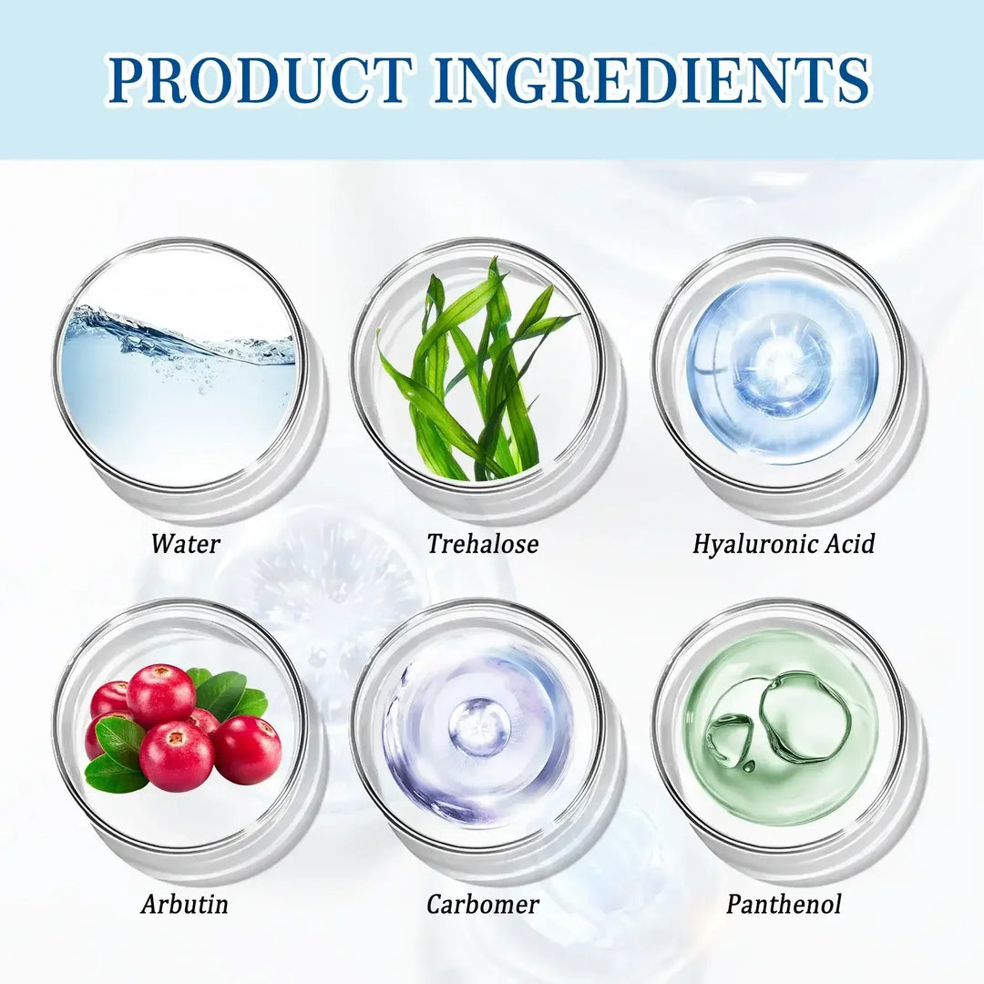Petri dishes showing skincare product ingredients: water, trehalose, hyaluronic acid, arbutin, carbomer, panthenol