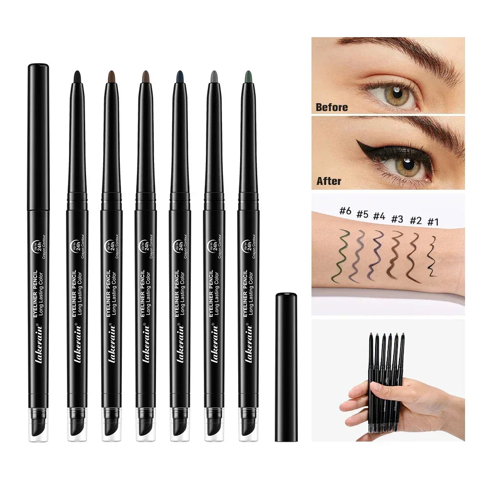 Set of six long lasting eyeliner pencils in different colors with before and after eye makeup swatches