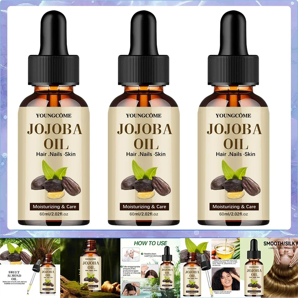 Three amber bottles of Youngcome Jojoba Oil for hair, nails, skin moisturizing and care